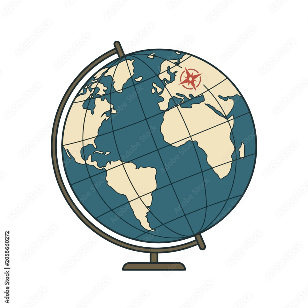 Naklejka premium Vintage style world globe illustration with a compass rose icon on a white background.