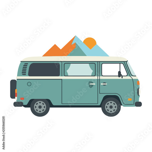 Flat vector illustration of a vintage camper van traveling through the mountains during a sunny day.