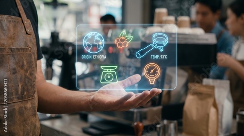 Barista holding a digital holographic interface displaying coffee brewing parameters in a cafe