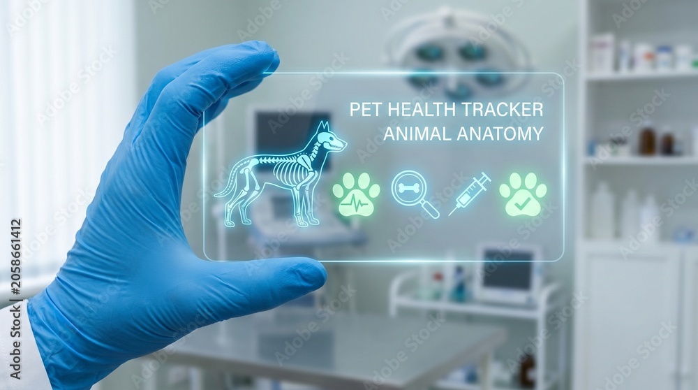 Fototapeta premium Veterinarian holding a digital transparent screen with a dog skeleton and pet health icons in a clinic