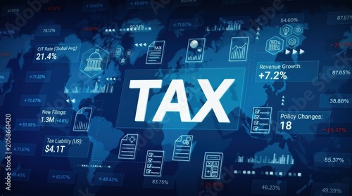 Digital tax concept illustration with global world map background, financial data charts, revenue growth statistics, policy changes information, corporate income tax rates