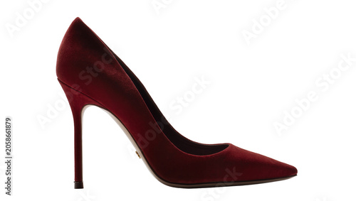 Cuadro en lienzo Elegant deep red velvet stiletto heel pump shoe, isolated on transparent backgro