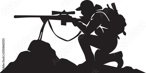 Kneeling shooter silhouette icon illustration, tactical rifle vector artwork, outdoor marksmanship design graphic, precision emblem symbol, minimalist theme