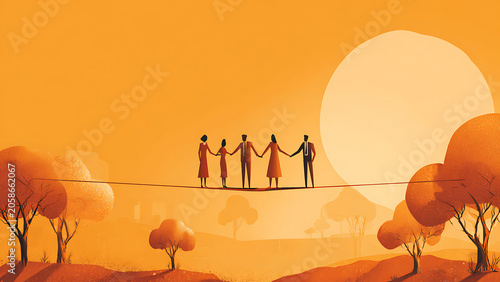 Diverse group of people holding hands walking on tightrope against sunset sky.