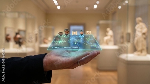 Augmented reality exhibition mapping interface held in hand inside a museum gallery