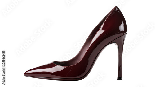 Konstfotografi Glossy burgundy stiletto heel pump shoe, isolated on transparent background