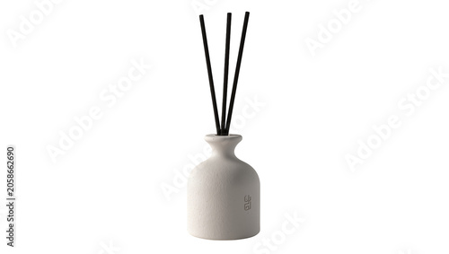 Fotografie White textured ceramic diffuser bottle with black reeds, isolated on transparent
