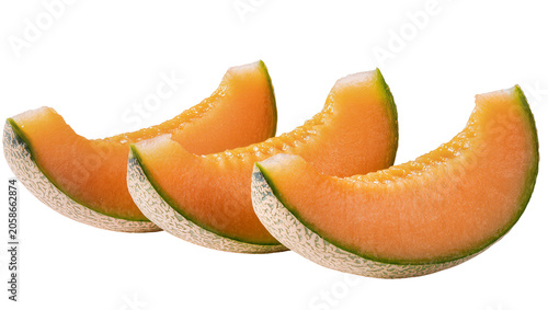 Schilderij op canvas Three juicy cantaloupe slices with textured rind, isolated on transparent backgr