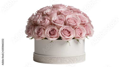 Obraz na plátně Delicate pink roses arranged in a white hat box with ornate trim, isolated on tr