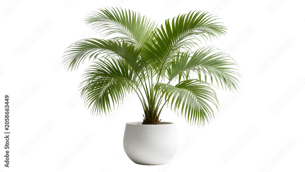 Fototapeta premium Lush green palm plant in a white pot, isolated on transparent background