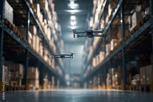 Drones Flying Through Modern Warehouse Aisles Stocking Shelves.
