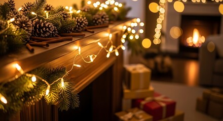 Festive Christmas garland with fairy lights on a fireplace mantle at home
