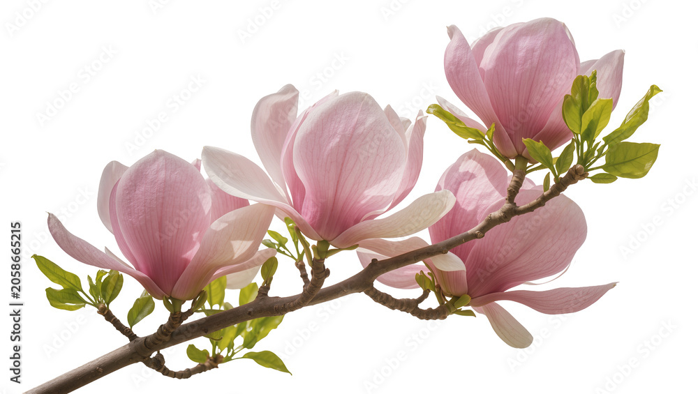 Obraz premium Delicate pink magnolia flowers with green leaves on branch, isolated on transparent background