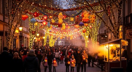 Festive winter night market with colorful lanterns and glowing fairy lights