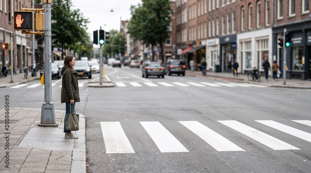 Fototapeta premium People Crossing Zebra Crossing in European City for International Traffic Day Everyday Road Safety Theme