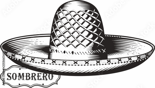 Tableau sur toile Very beautiful black-and-white engraved vector illustration featuring SOMBRERO w