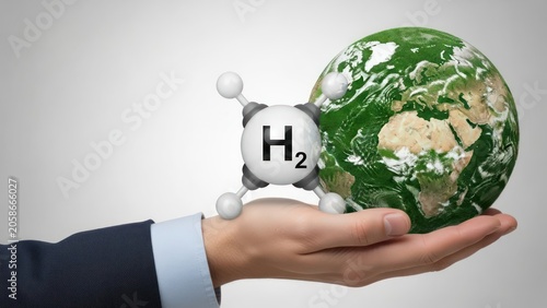 Hand holding hydrogen molecule with a realistic Earth symbolizing future clean energy