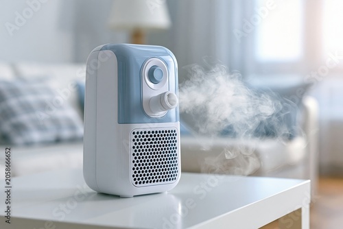 Modern nebulizer inhaler on clean white table in minimalist home interior, fine aerosol mist visible during operation, soft daylight