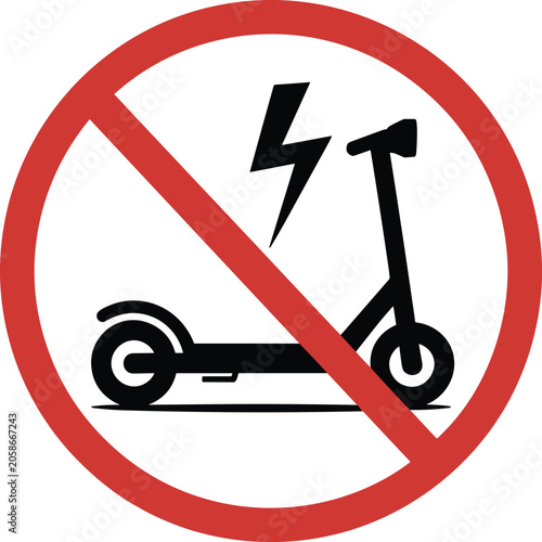 Red prohibition sign with a black electric scooter and lightning bolt on a white background e-scooter