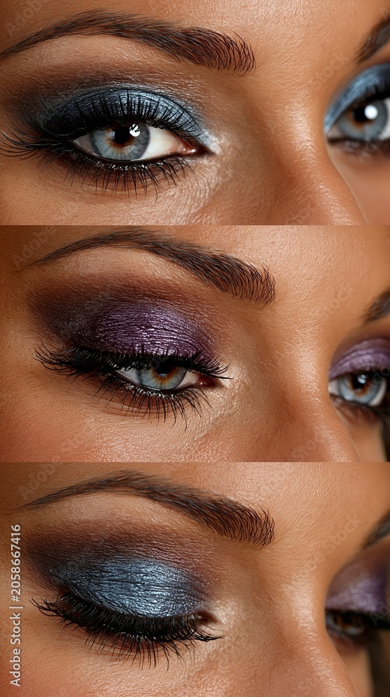 Naklejka premium Three close-up shots of eyes with dramatic makeup serve as a background for beauty tutorials, highlighting cosmetic artistry and self-expression.