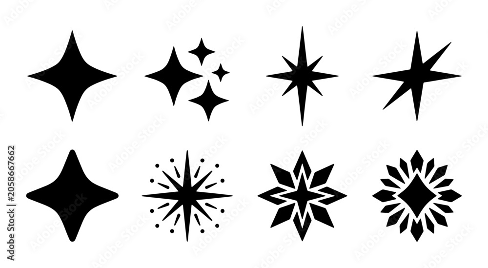 Obraz premium Sparkle Icons Set, Starburst Graphics Collection, Glitter Elements, Shine Symbols, Black and White Vector Shapes for Design