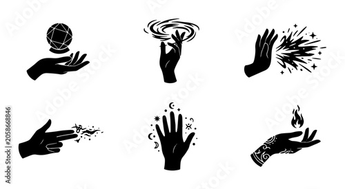 Foto Mystical Hand Icons, Magic Spell Gestures, Witchcraft Symbols, Esoteric Power El