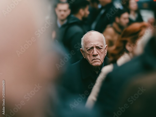 Elderly man standing in crowded city street, looking lonely among blurry moving people