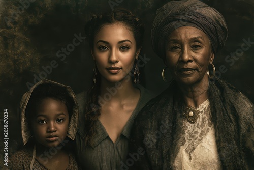 Three generations of Black women, historical attire, stoic expressions, dramatic moody studio lighting