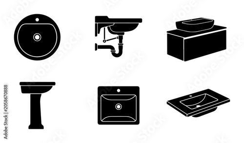 Photos Bathroom Sink Icons Set, Ceramic Washbasin Vector Graphics, Plumbing Fixture Col