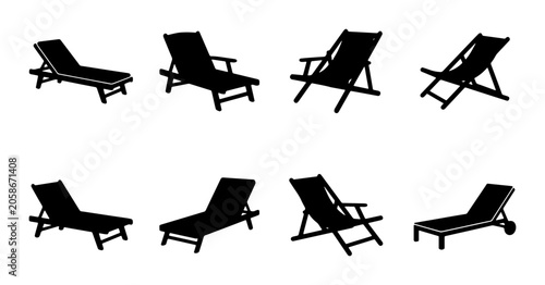 Konstfotografi Collection of Black Silhouette Deck Chairs, Lounge Chairs, Beach Chairs, Sun Lou