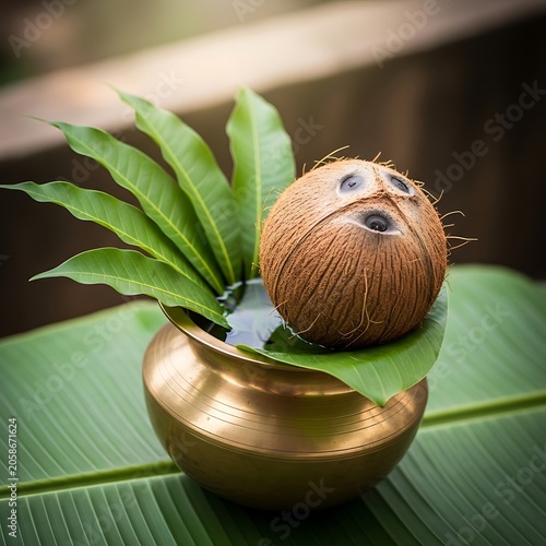 Whole Coconut and Green Mango Leaves Arranged on Brass Pot in Traditional Ritual Setting