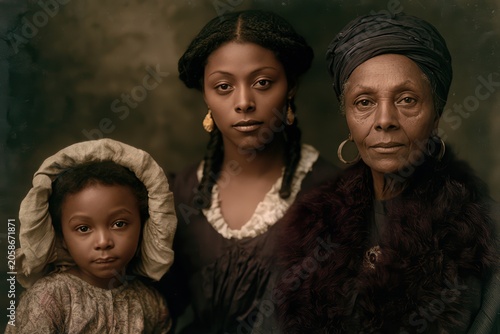 Three generations of women, historical attire, solemn gazes, moody lighting, multi-generational studio portrait