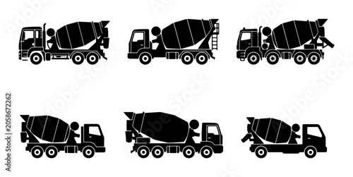 Bild auf Leinwand Concrete mixer truck icons, construction vehicle silhouettes, industrial transpo