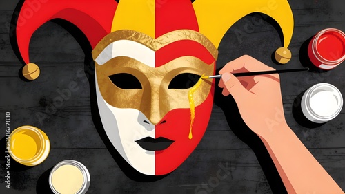 Vector illustration of a hand painting a traditional Andorran festival mask