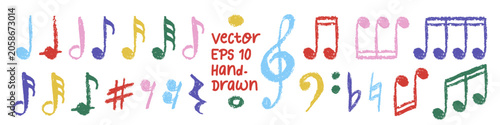 Colorful crayon music notes collection. Hand drawn vector illustration on transparent background. Chalk doodle hand-drawn clef, quaver and flat, natural and crotchet with crayon texture for kid design