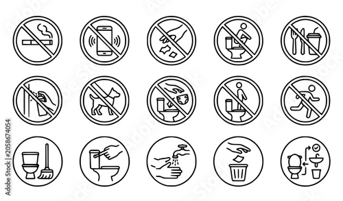 Restroom and Public WC Prohibition Thin Line Icon Set Vector EPS 10