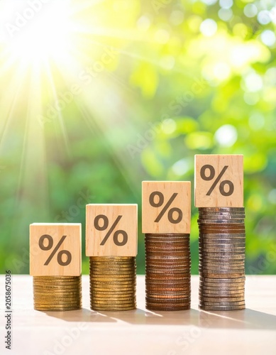 Rising stack of coins with percentage signs symbolizing financial growth.