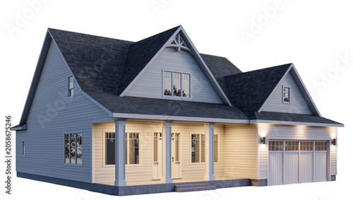 Foto Modern white farmhouse with gabled roof and porch, isolated on transparent backg