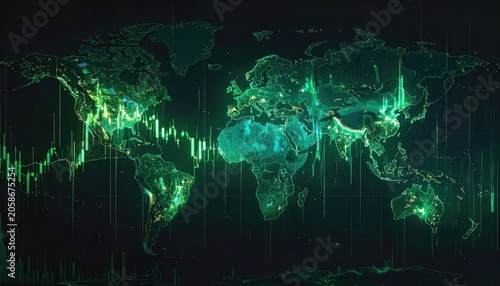 Global Financial Markets Data Visualization with Green Aurora Effect.