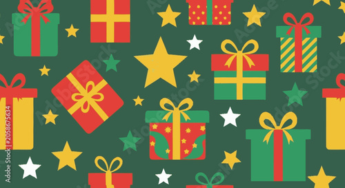 Hand-drawn flat graphic seamless pattern of festive gift boxes with ri