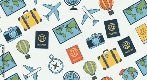 Hand-drawn flat graphic seamless pattern of travel and adventure icons