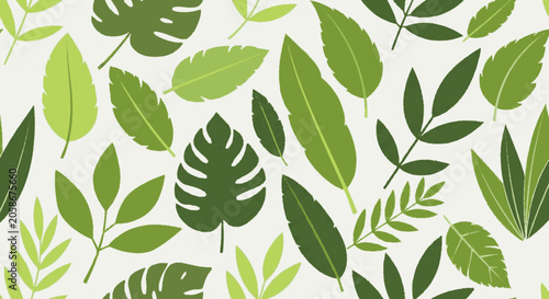 Hand-drawn flat graphic seamless pattern of various green leaves in di