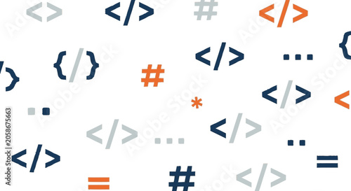 Hand-drawn flat graphic seamless pattern of various programming symbol
