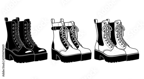 Black and White Platform Combat Boots Arranged on Plain White Background