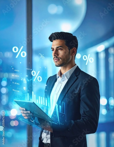 Young Businessman Analyzing Financial Data with Futuristic Holographic Interface.