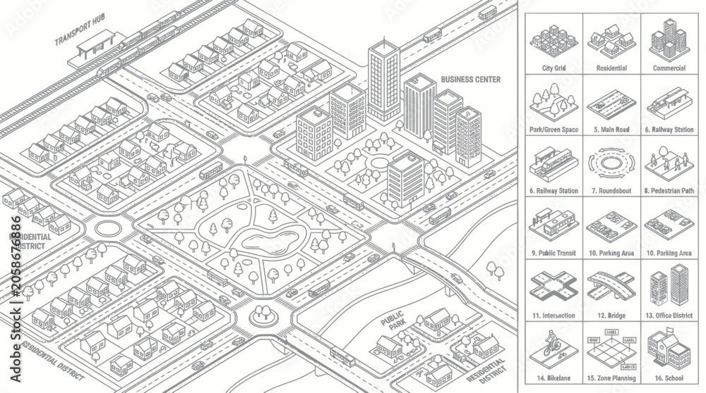 Fototapeta premium Isometric Cityscape Illustration: Urban Planning and Development Elements