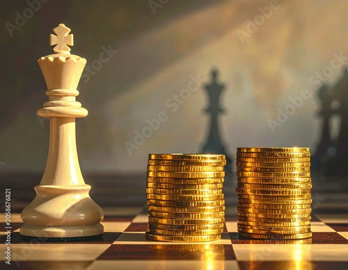 Chess King Piece and Stacked Gold Coins on Chessboard Symbolizing Strategy and Wealth.