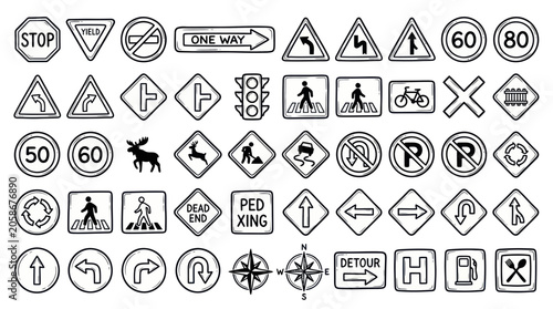Foto Hand-Drawn Traffic and Road Signs Collection - Vector Graphics