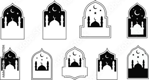 Canvas Print eid mosque crescent silhouette in ornate arch vector logo set