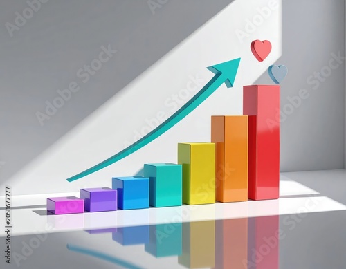 Colorful Bar Chart Showing Upward Trend with Arrow and Heart Icon.